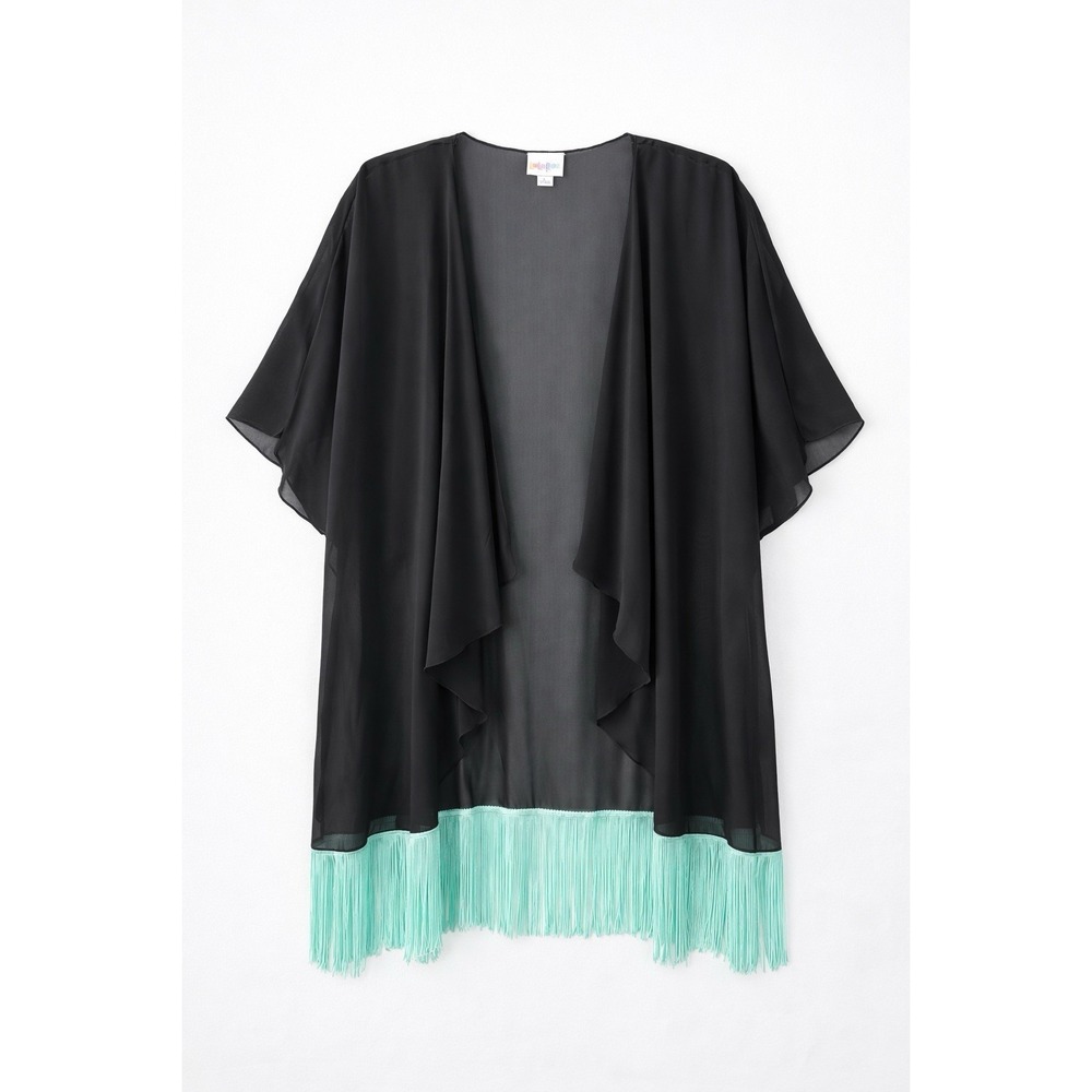 Lularoe Women's Sheer Black Kimono Aqua Fringe Open Front Boho Festival Large